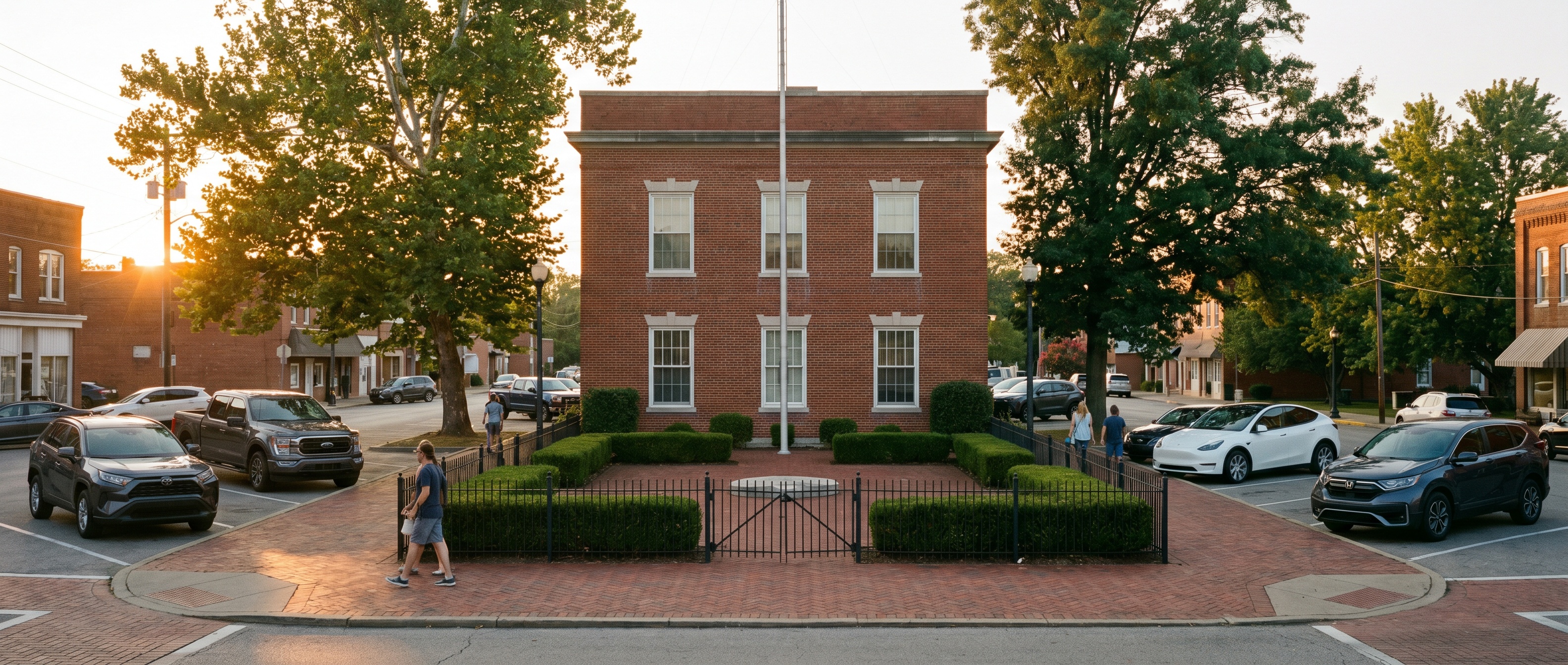 A modest two-story brick civic building on a Kentucky small-town main street at golden hour, a small plaza with iron picket fence and manicured hedges in the foreground.